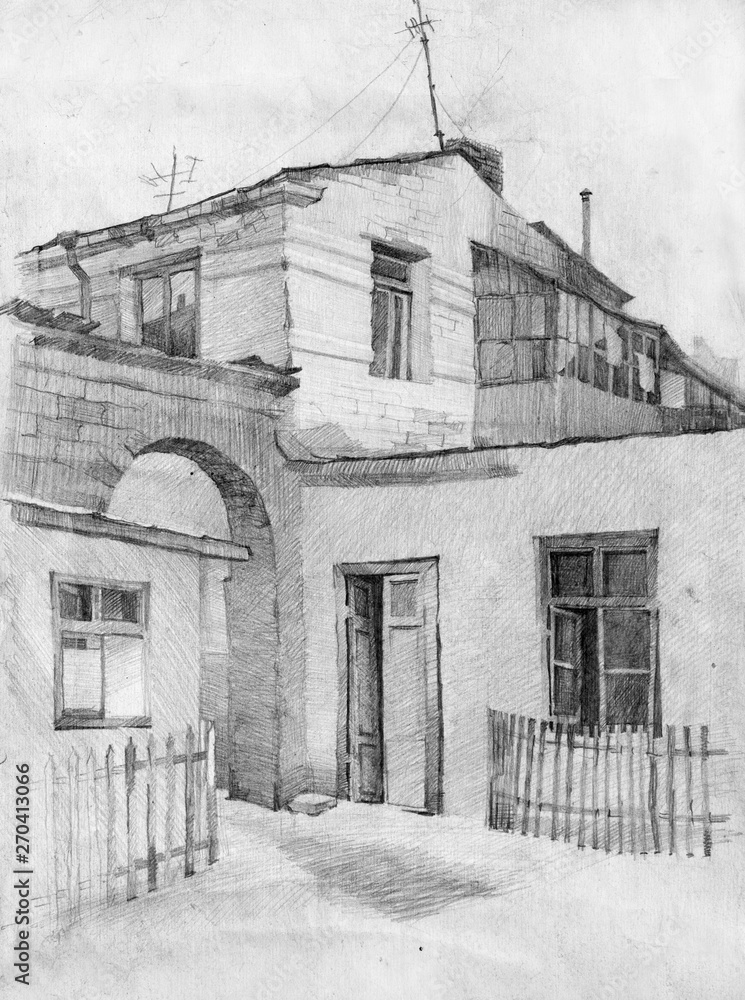 architecture, pencil drawing illustration, sketch