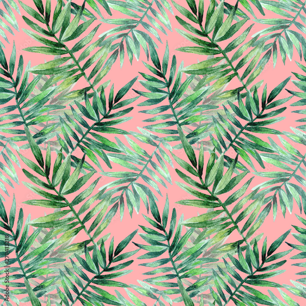 Watercolor seamless pattern with tropical leafs. Exotic fresh pattern isolated on pink background