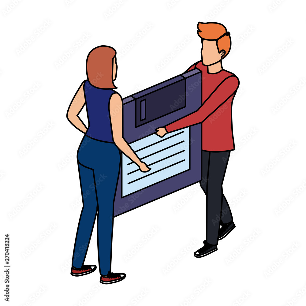 young couple lifting floppy disk data storage young couple lifting floppy disk data storage
