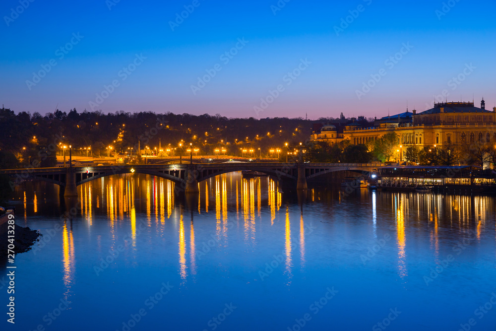 View from the Charles bridge in Prague at night, Czech Republic