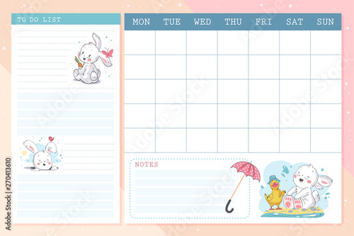 Vector set of monthly planner page design template  calendar for children with cute hand drawn little bunny character. Flat la, pastel colors. Back to school equipment.