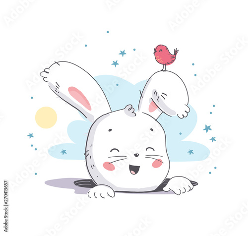 Vector flat illustration of cute little white baby bunny character head smiling from hole and bird. Hand drawn style. For baby calendar, baby shower, birthday card, tee print, sticker, nursery etc.