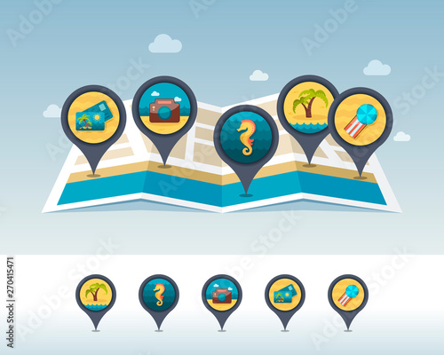 Summer pin map icon located on map. Vacation