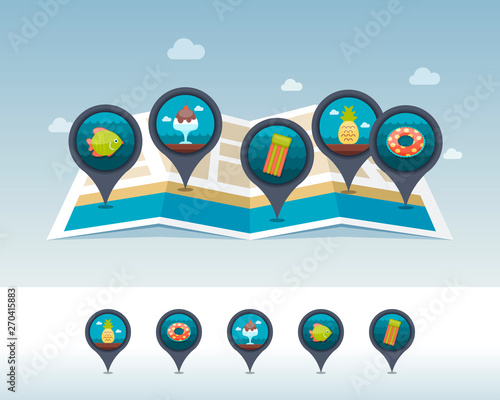 Summer pin map icon located on map. Vacation