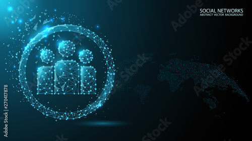 Vector group people chat icon. Map of the world communication network. Abstract mesh line and point scales on futuristic dark blue background. 3D polygonal network line, design sphere, dot.