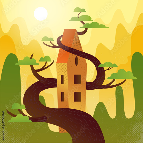 Fairytale house with roof, intertwined with tree on mountains,hills background. Summer weather, hot sun is shining, green crowns. Square Flat cartoon illustration with textures and gradient photo
