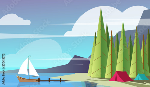 Tents and fishing boat near the lake in the wild