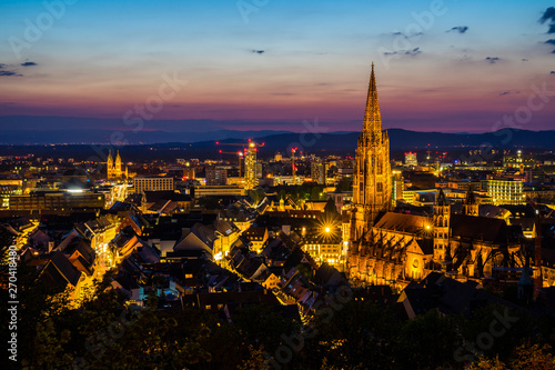 Germany, Black forest city freiburg im breisgau cathedral minster by night