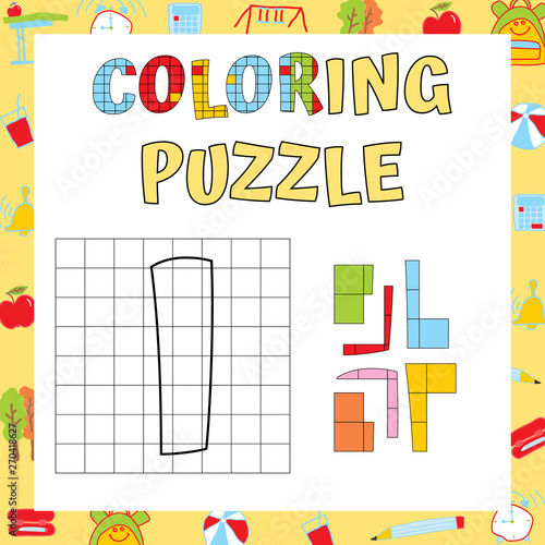 Alphabet Coloring Puzzle. Logic and Writing Educational Exercise. Fine Motor Skills Worksheet. Vector illustration.