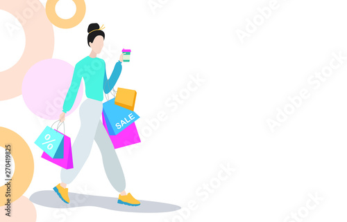 Woman with shopping bags. Fashion shopper girl silhouette in bright clothes.  Woman with shopping bags and with cup of coffee walking.
