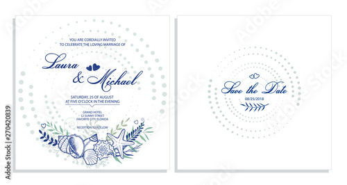 Wedding invitation. Card, template for the invitation. Frame of dots, seashells, leaves and flowers.