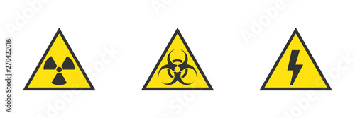 Danger, hazard, warning yellow vector signs of high voltage, biohazard, radiation