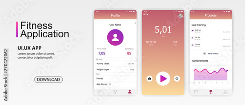 Fitness Mobile App Mockup. UI, UX, KIT. Application screens (sport concept).  Analysis of data and achievements. User interface design elements set. Vector collection
