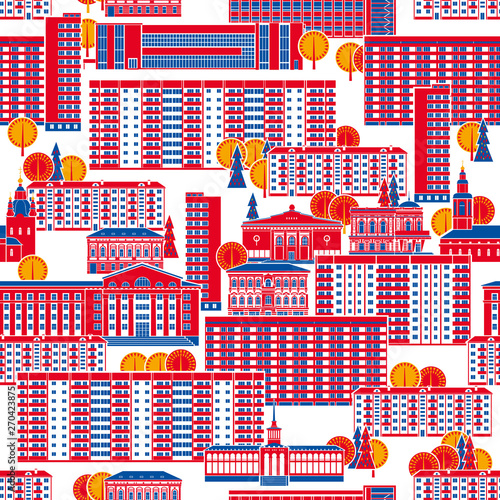 City seamless pattern. Panel high-rises and old historic houses are bright red and blue. Vector full color graphics