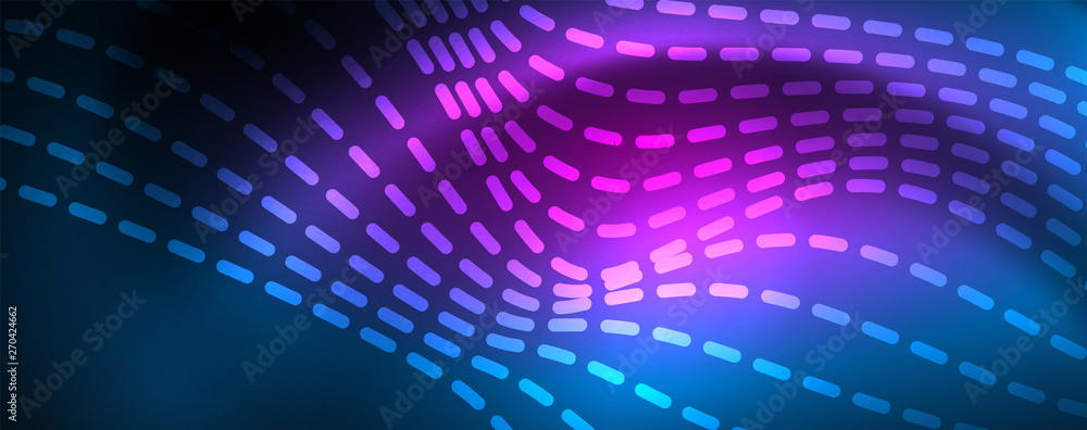Fototapeta premium Smooth wave lines on blue neon color light background. Glowing abstract wave on dark, shiny motion, magic space light