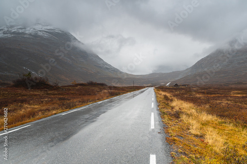 Asfaltowa, kręta, górska droga w czasie deszczu i we mgle. Norweski surowy klimat. Skaliste góry.