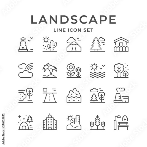 Set line outline icons of landscape