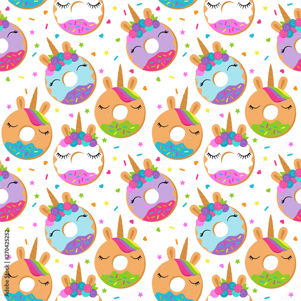 Seamless Vector Background with Unicorn Themed Donuts Seamless Vector Background with Unicorn Themed Donuts