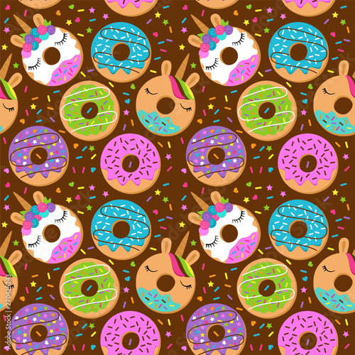 Seamless Vector Background with Unicorn Themed Donuts