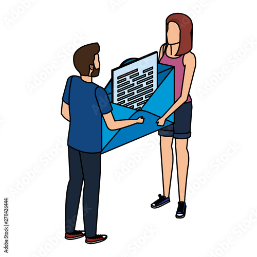 young couple lifting envelope mail send