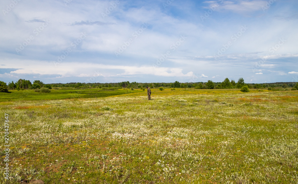 Fototapeta premium Treasure hunter in the field with a metal detector
