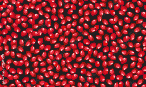 Seamless fruit pomegranate seeds scattered on black background, Fresh organic food, Red ruby fruits pattern. Vector illustration.
