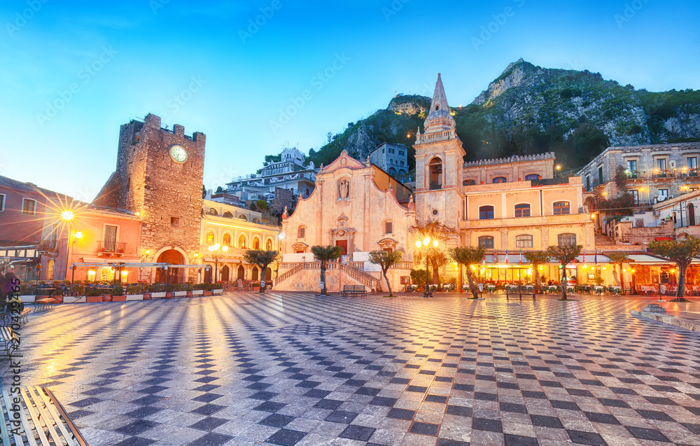 Fototapeta premium Belvedere of Taormina and San Giuseppe church on the square Piazza IX Aprile in Taormina