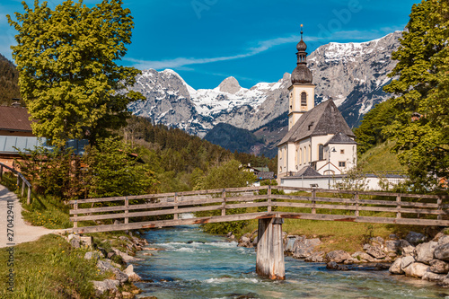 Vászonkép The famous church Saint Sebastian with the alps in the background at Ramsau - Ba