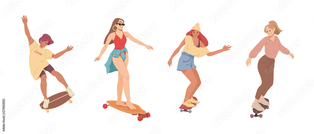 Girls ride on skateboards Trendy female teenagers Girls ride on skateboards Trendy female teenagers