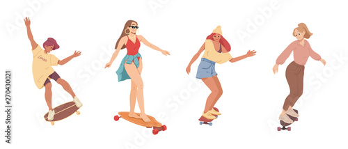Girls ride on skateboards Trendy female teenagers