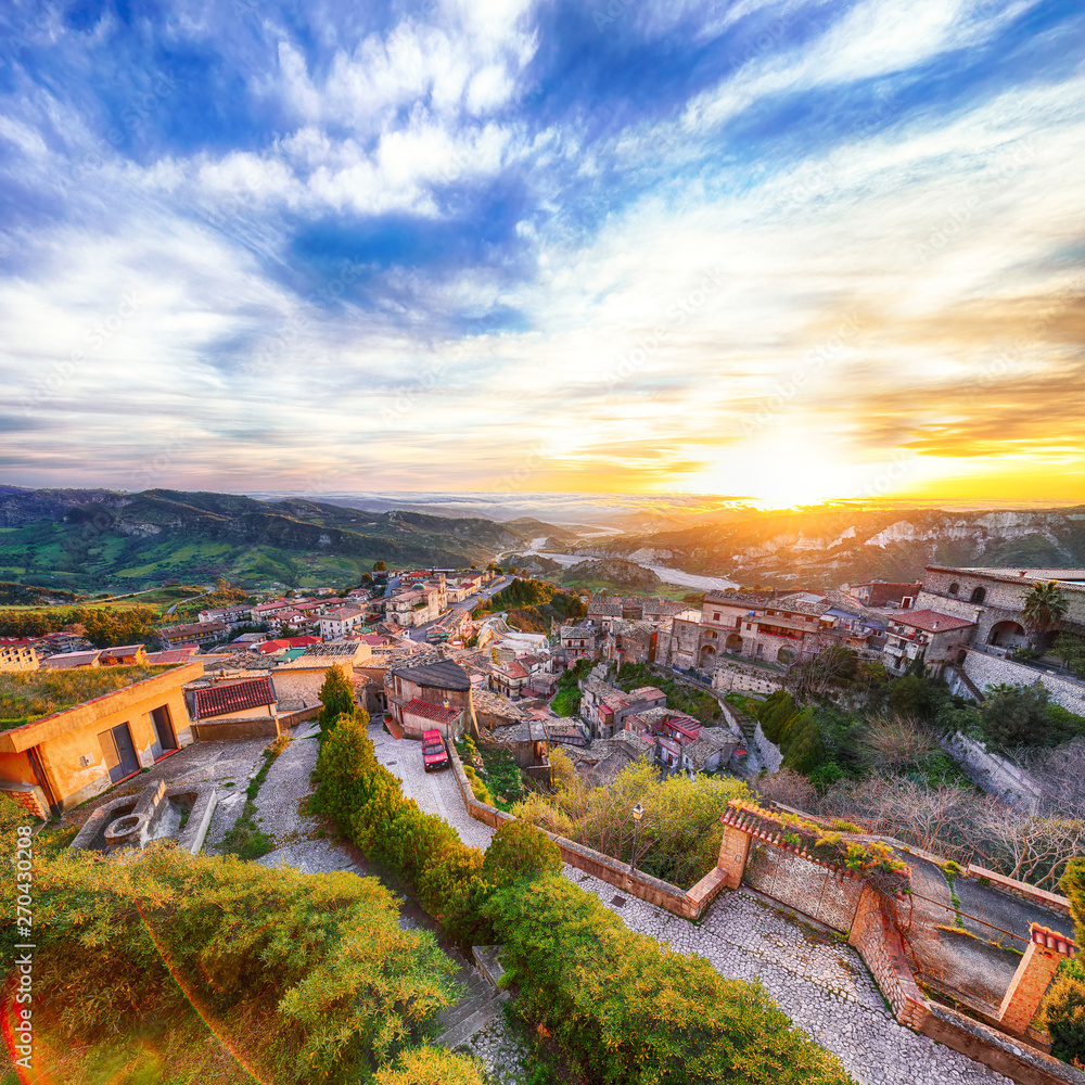 Sunrise over old famous medieval village Stilo in Calabria