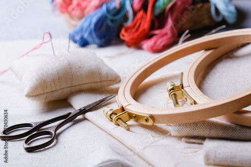 Embroidery set. White linen fabric, embroidery hoop, colorful threads and needls. Copy space