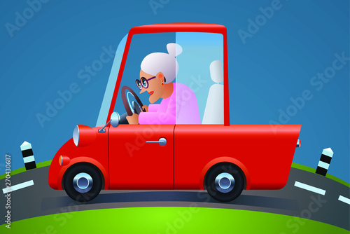 Old woman drive a red car alone cartoon character illustration.