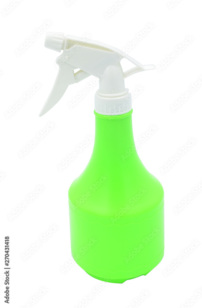 Green water spray foggy bottle on white background with clipping path