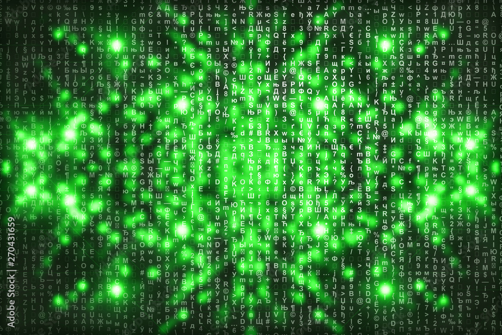 Green matrix digital background. Abstract cyberspace concept. Characters fall down. Matrix from symbols stream. Virtual reality design. Complex algorithm data hacking. Green digital sparks. Green matrix digital background. Abstract cyberspace concept. Characters fall down. Matrix from symbols stream. Virtual reality design. Complex algorithm data hacking. Green digital sparks.
