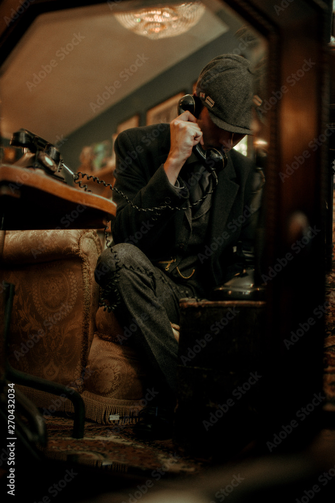 man talk on the phone in the mirror vintage style classic retro man talk on the phone in the mirror vintage style classic retro