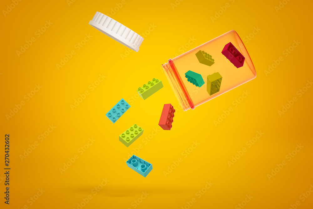 3d rendering of colorful toy blocks pieces falling from a plastic jar on yellow background 3d rendering of colorful toy blocks pieces falling from a plastic jar on yellow background