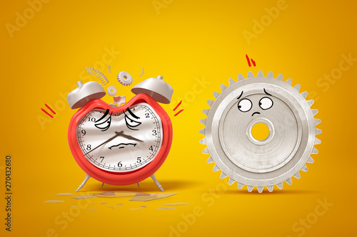 3d rendering of cartoon faced damaged alarm clock and silver gear wheel on yellow background