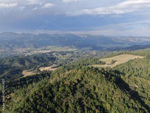 Aerial view of the verdant hills with trees in Napa Valley during summer season. Napa County, in California’s Wine Country, Part of the North Bay region of the San Francisco Bay Area. Vineyard area.