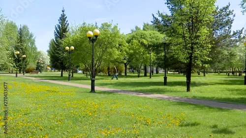 Spring Sunny Park with walking people.