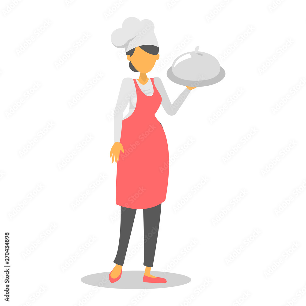 Woman chef in red apron holding dish. Woman chef in red apron holding dish.