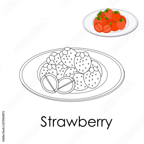 Coloring book Forest strawberry on a plate. Monochrome illustration Large berries with leaves. Poster print for leisure kid. Restaurant menu, paper scrap. Vector silhouette wild berry. page sample