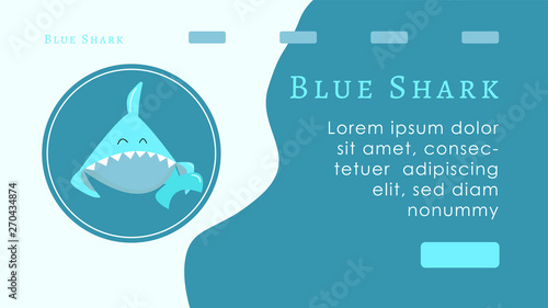 The concept of the first screen of the target page. Blue shark cartoon character. Logo fish and bubbles. Mascot. Web site or banner layout. Blue split background. Space for text and turquoise button.