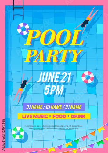Pool party invitation poster vector illustration. Top view of swimming pool. flyer design