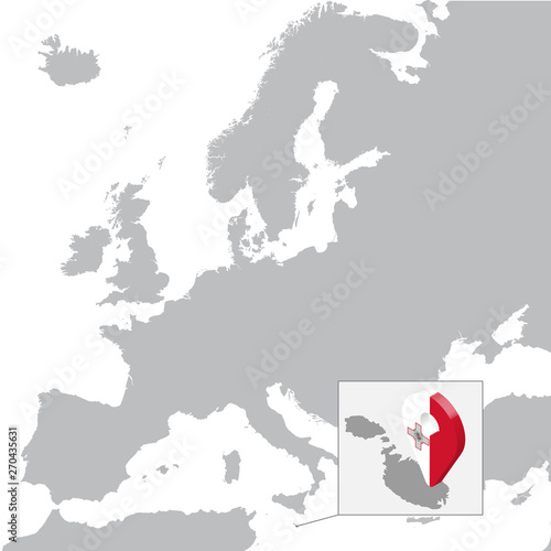 Malta Location Map on map Europe. 3d Malta flag map marker location pin. High quality map of Malta.  Vector illustration EPS10.