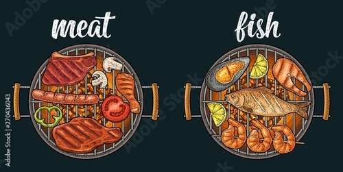 Barbecue grill with charcoal, sausage, beef, fish steak. Vintage engraving