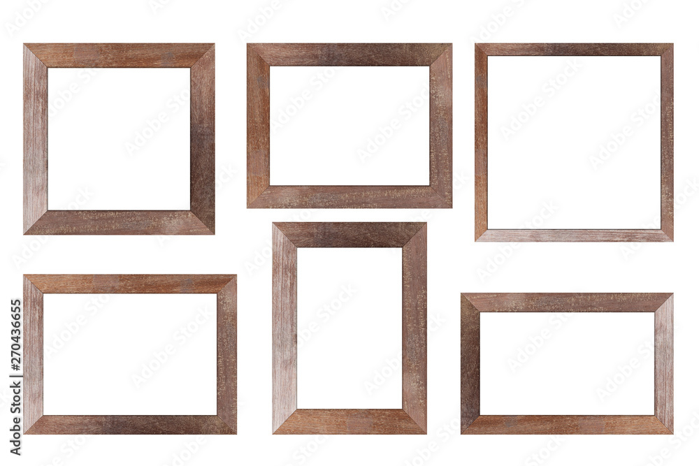Set of Brown wood frame or photo frame isolated on white background. Object with clipping path - obrazy, fototapety, plakaty 