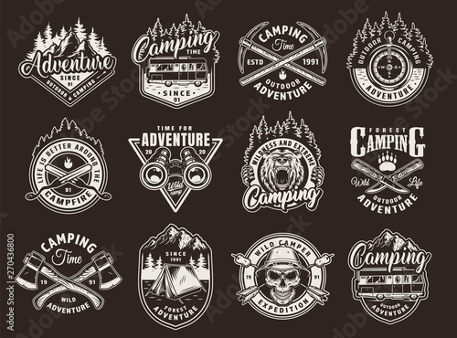 Vintage monochrome camping labels set