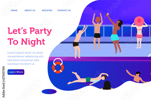 Illustration web happy people party in the summer season. landing page party at the pool