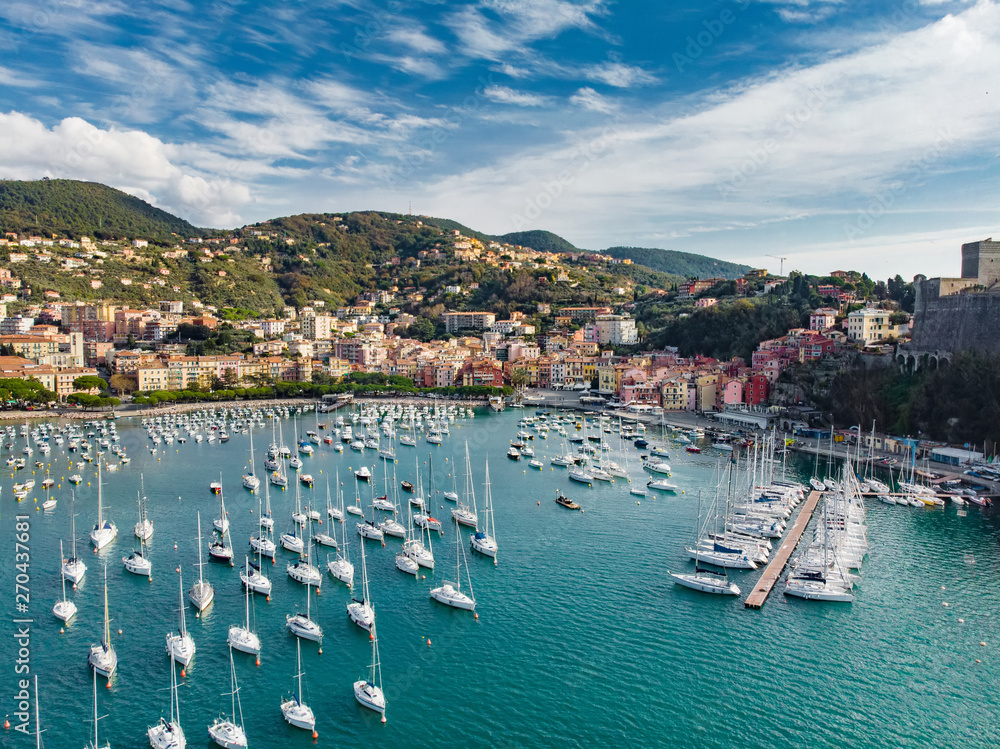 Aerial view of small yachts and fishing boats in Lerici town, a part of the Italian Riviera, Italy.